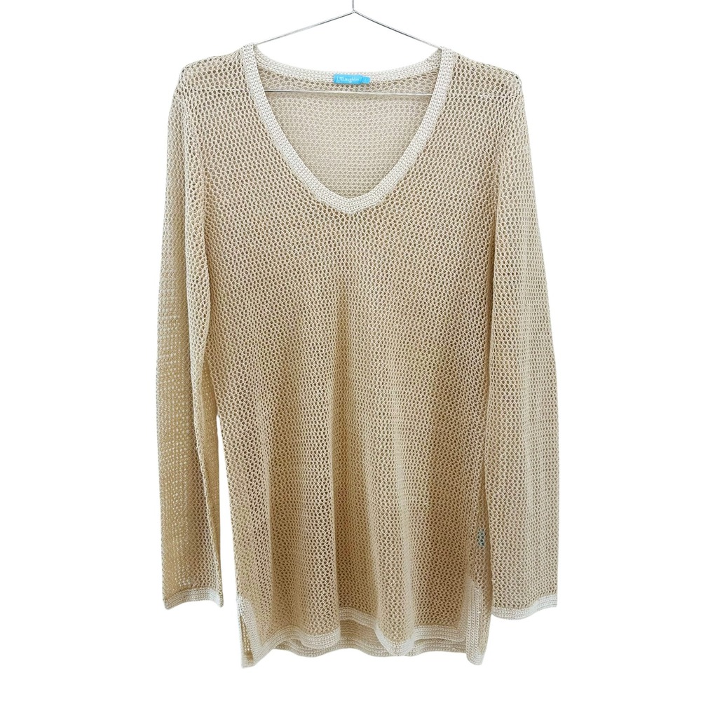 J. MCLAUGHLIN Linen Blend Open Knit Tunic Sweater • Large • beige Coastal Chic